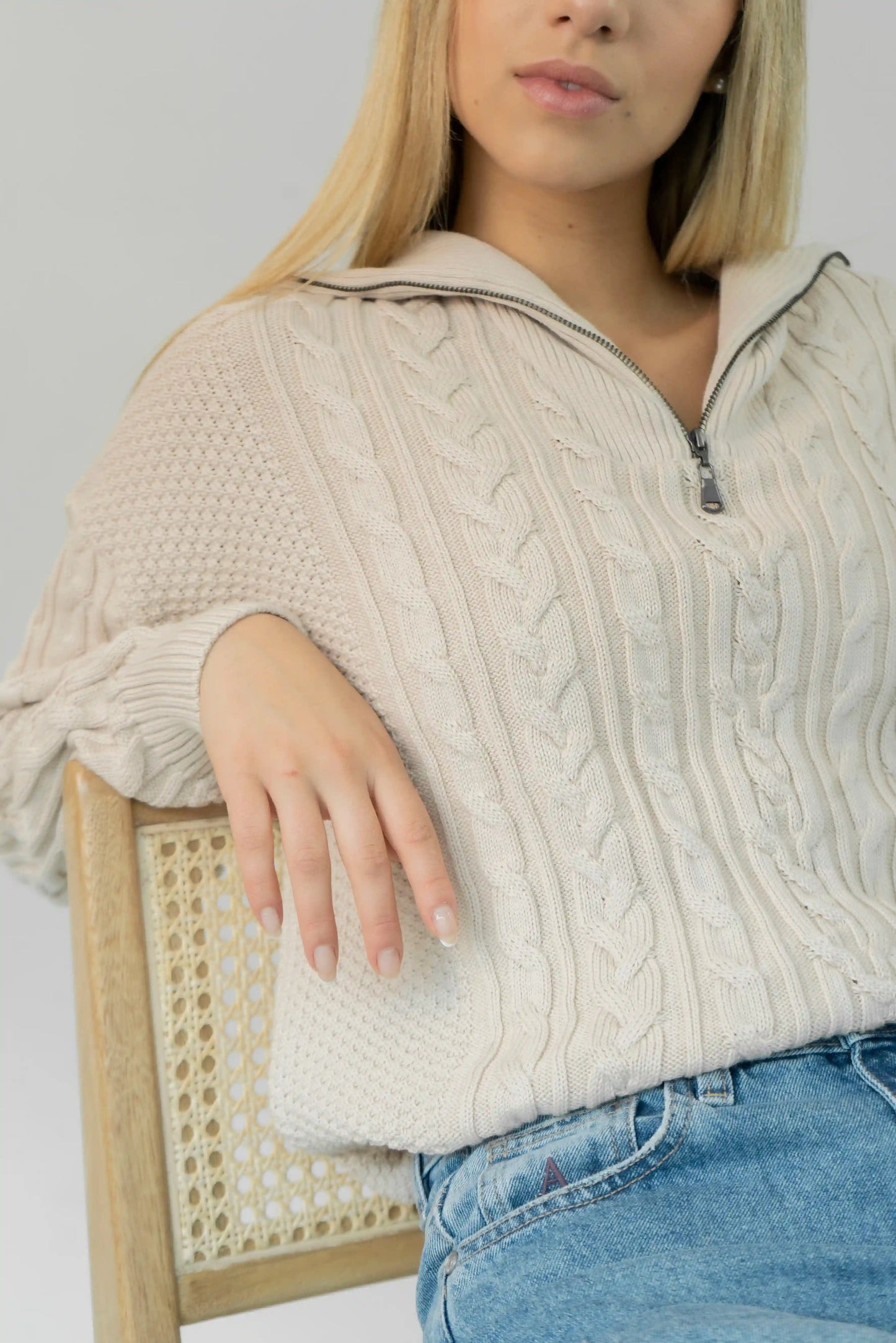 Suéter Halfzip Trenzado Algodón Mujer Camel