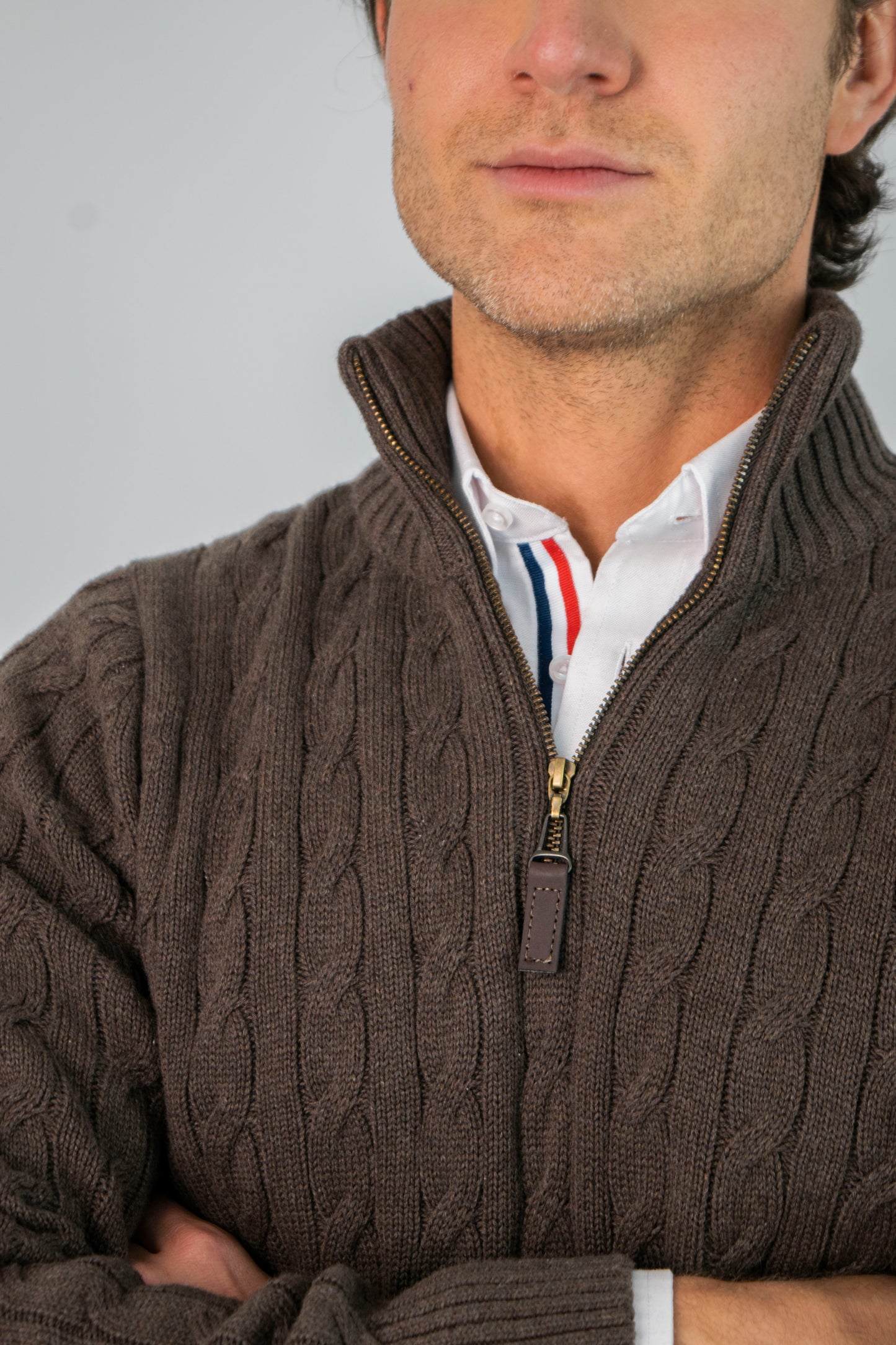 Suéter Halfzip Trenzado Premium Café jaspe