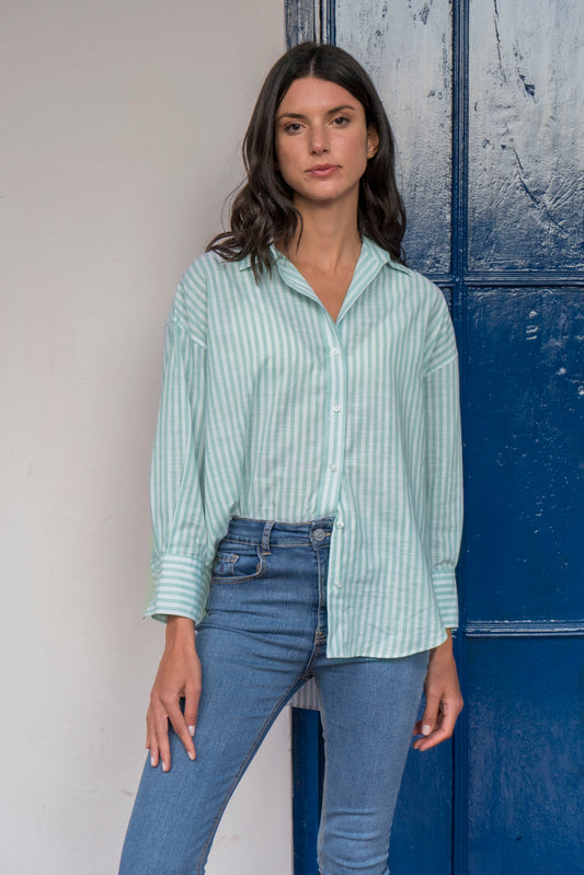 Camisa Oversized Mujer Rayas Agua marina