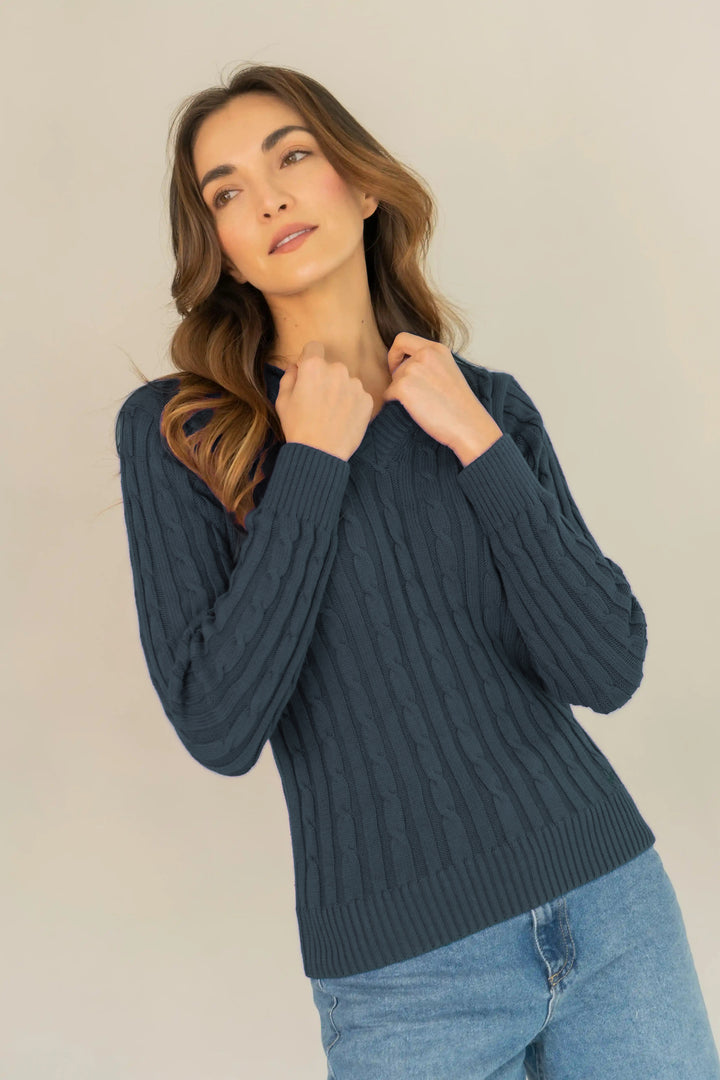 Suéter trenzado en V Mujer, Azul Oscuro