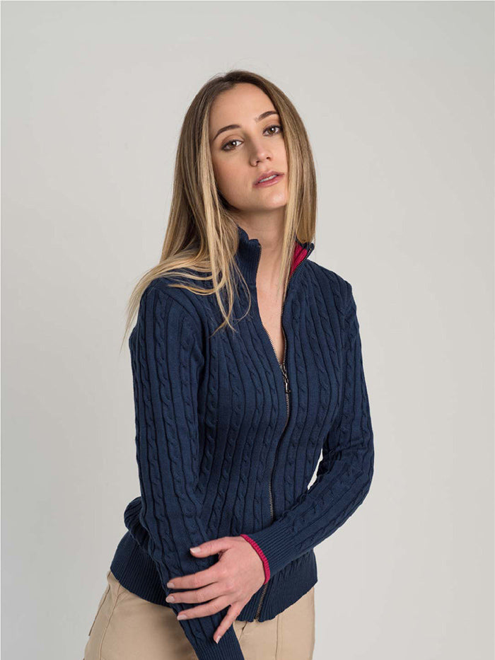 Suéter trenzado abierto Mujer, Azul Oscuro